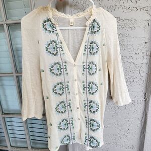 Embroidered Silk Cotton Blend Anthropologie Tiny Cream Teal & Blue Blouse S
